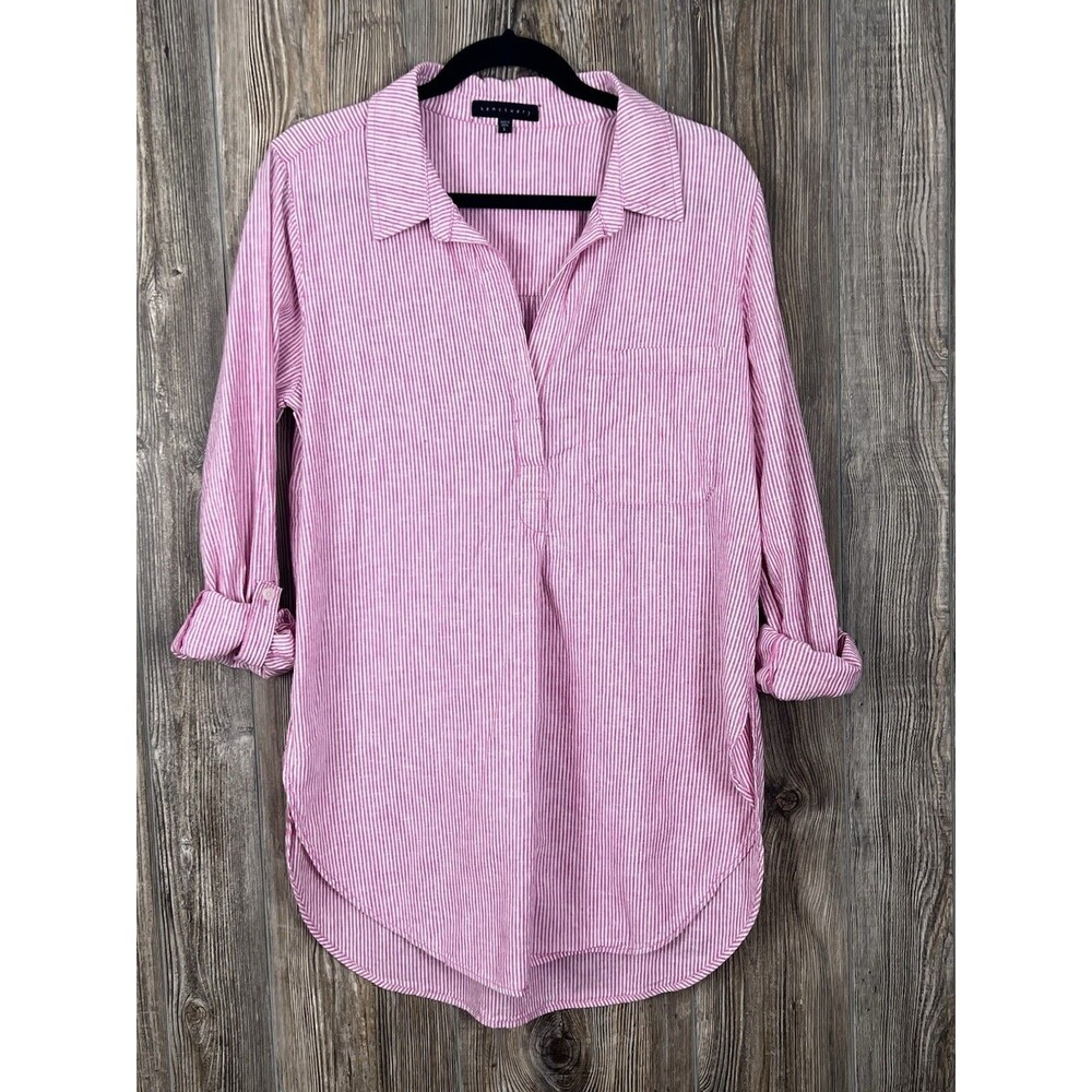 Sanctuary Womens‎ L Linen Blend Boyfriend Blouse Pink/White Stripe Coastal Beach